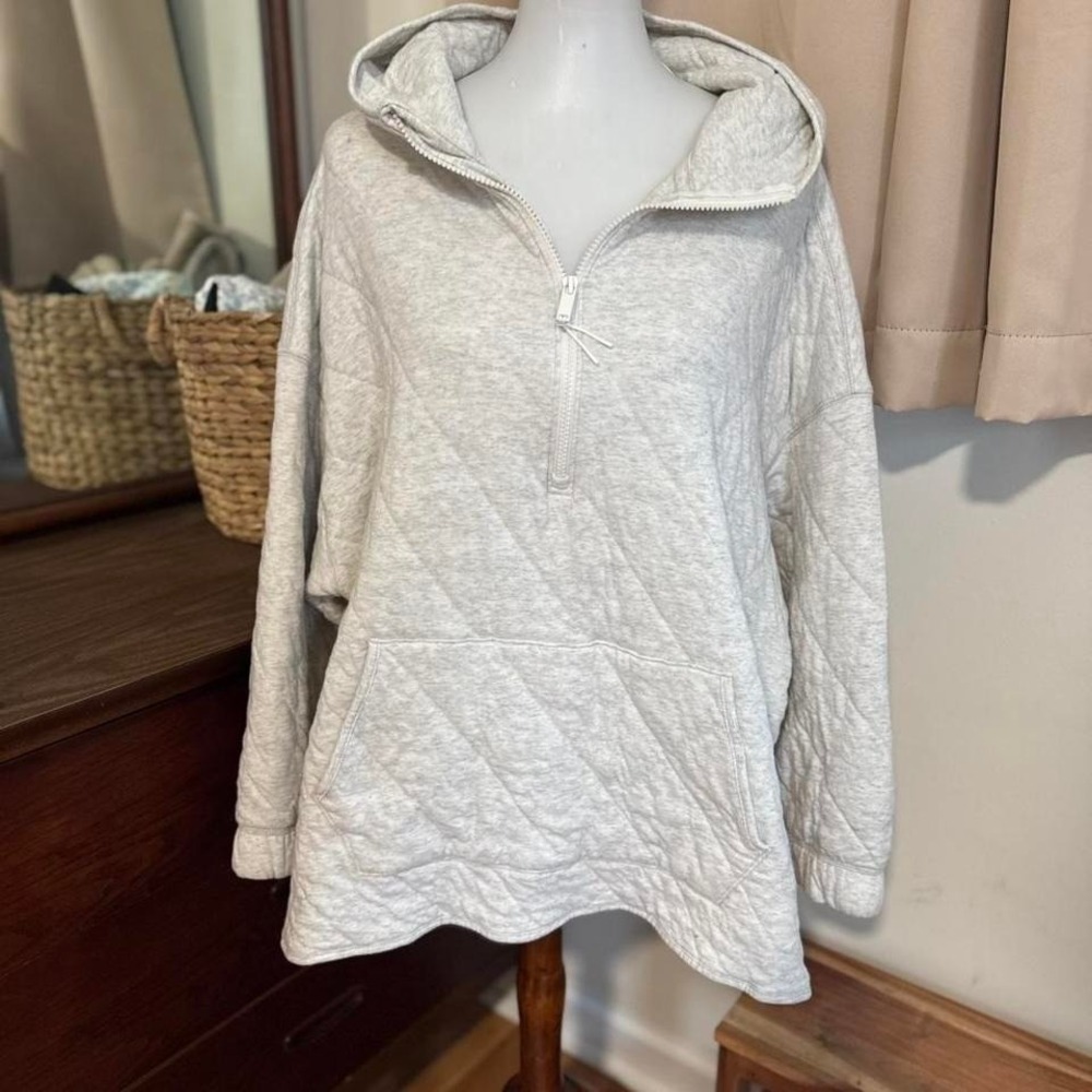 Quilted Quarter-Zip Tunic Blanket Hoodie Cotton Blend Oatmeal Heather XXL EUC
